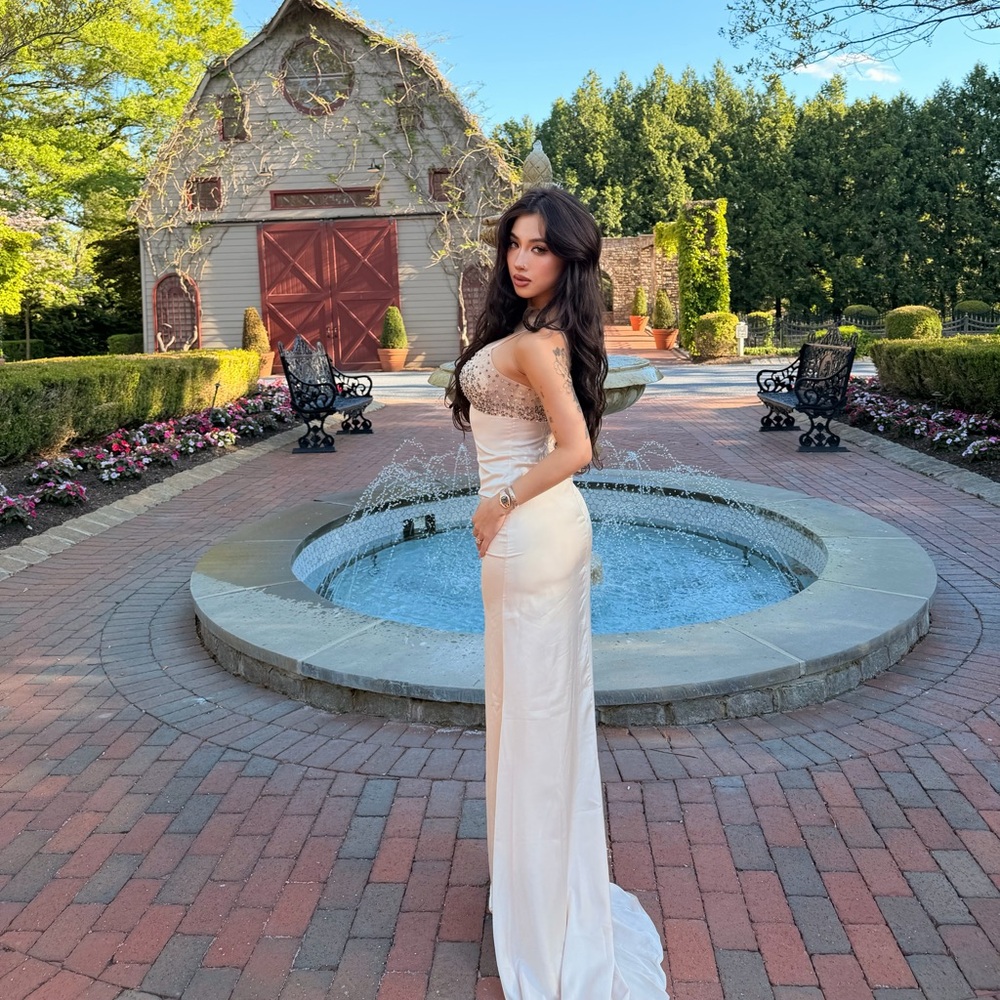 Embellished Nude Slip Dress with Crystal Bodice